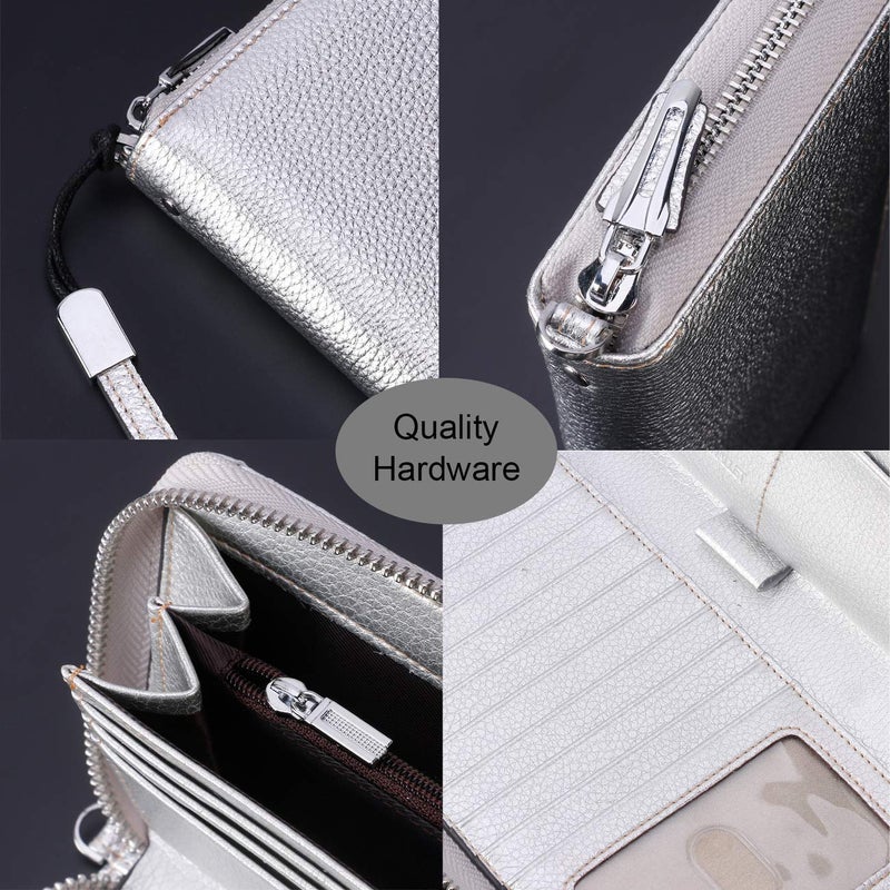 Lavemi Women's RFID Blocking 100% Leather Large Capacity Zip Around Wallet Phone Holder Clutch Travel Purse Wristlet(Large Size Pebbled Silver) - Image 4
